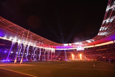 The pre-match pyrotechnic display at the Stade de France.