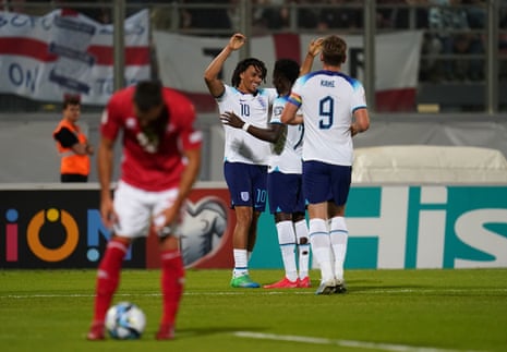Trent Alexander-Arnold (left) celebrates scoring England’s second goal of the game during the Euro 2024 qualifier against Malta.