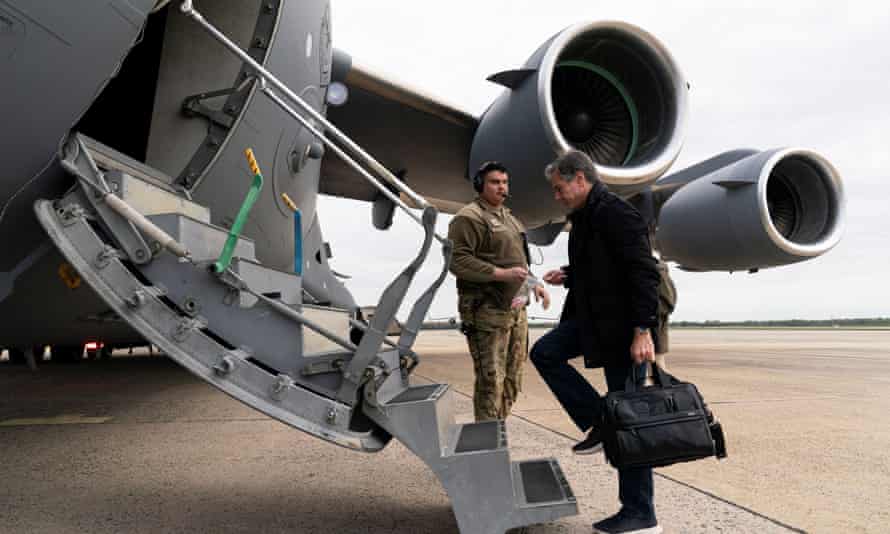Secretary of state Antony Blinken boards a plane for departure, at Joint Base Andrews, in Maryland, U.S., April 23, 2022