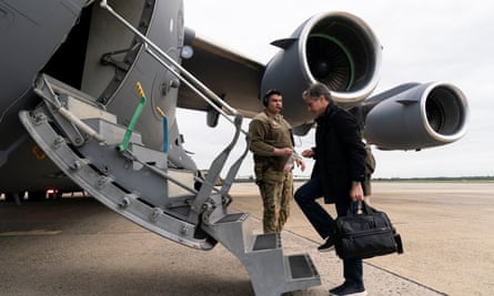 Secretary of state Antony Blinken boards a plane for departure, at Joint Base Andrews, in Maryland