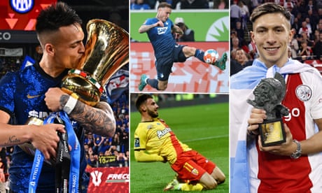 Clockwise from left: Lautaro Martinez of Internazionale celebrate with the Coppa Italia trophy, David Raum of TSG 1899 Hoffenheim, Ajax's Lisandro Martinez poses with the Rinus-Michels player of the year award and Len's Jonathan Clauss celebrates after scoring.