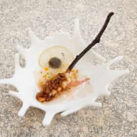Conquering the Beech Tree (langoustine, pork fat, burnt apple): Tom Aikens’ Muse, London.