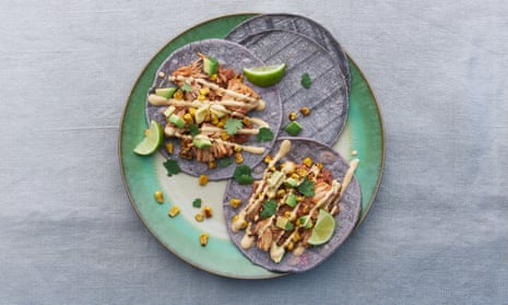 Canny moves: Meera Sodha’s jackfruit tacos with fried corn and hot cashew sauce. 