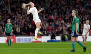England’s Bethany Mead celebrates scoring their third goal.