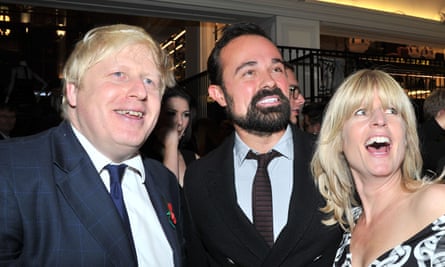 Johnson socialises with Evgeny Lebedev at a party along with his sister Rachel Johnson.