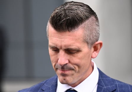 Lee Lovell, husband of murder victim Emma Lovell, talks to the media outside the supreme court of Queensland