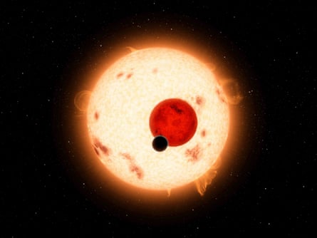 An impression of Kepler-16, a planet about 200 light years away that orbits two stars. The planet was found in 2011 using data from the Kepler space telescope.