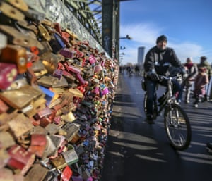 Love padlocks are seen on the railing of the Hohenzollern Bridge