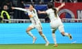 Amel Majri celebrates after scoring during the Women's Champions League semi-final match between Olympique Lyonnais and Paris Saint-Germain