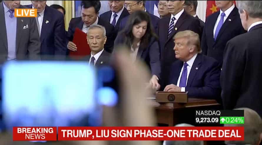 Donald Trump and Liu He signing the Phase One trade deal