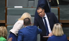 Liberal Member for Longman Terry Young is congratulated after delivering his first speech in the House of Representatives at Parliament House in Canberra, Wednesday, July 31, 2019. (AAP Image/Lukas Coch) NO ARCHIVING