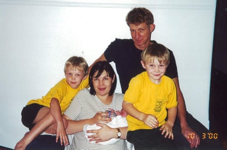 Peter and Alison with their sons Alex (left), Mickey (right) and Mickey (in Alison’s arms) in 2000
