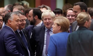 Left to right: Hungarian PM Viktor Orban, President of Cyprus Nicos Anastasiades, Boris Johnson, German chancellor Angela Merkel and Irish taoiseach (PM) Leo Varadkar at the EU summit