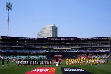 South Africa and Australia line up for the national anthems in Durban