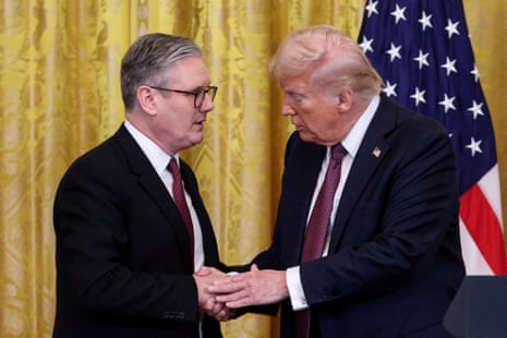 US president Donald Trump and UK prime minister Keir Starmer shake hands at a press conference at the White House in February 2025.