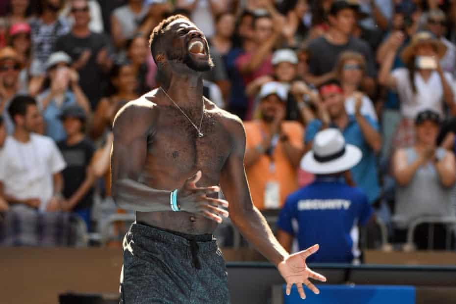 Frances Tiafoe celebrates his victory over Grigor Dimitrov at the Australian Open in January, a win which gave him a first grand slam quarter-final.