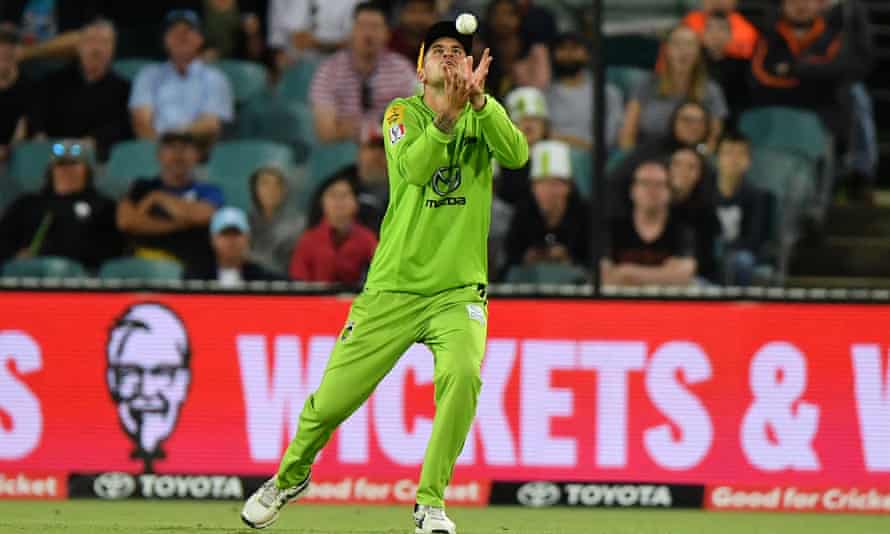 Alex Hales of the Brisbane Thunder catches Chris Lynn of the Brisbane Heat during the Big Bash League at Manuka Oval in Canberra.
