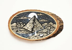 Scenic Illustrations of mountainscapes drawn on tree and branch wood sections by Greek graphic designer Meni Chatzipanagiotou.