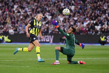 Haaland scores against West Ham at the London Stadium.