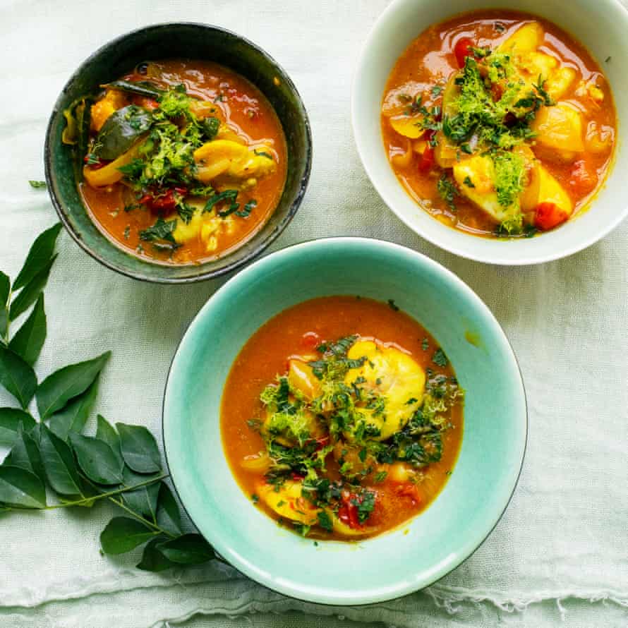 Cod cheeks with a coconut and curry leaf sauce.