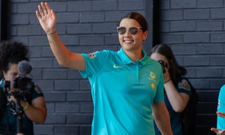 Matildas captain Sam Kerr waves to fans at the community reception before heading home to Western Australia for a brief holiday.