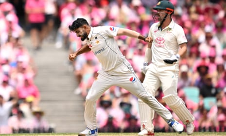 Aamer Jamal celebrates taking the wicket of Travis Head in the third Test at the SCG