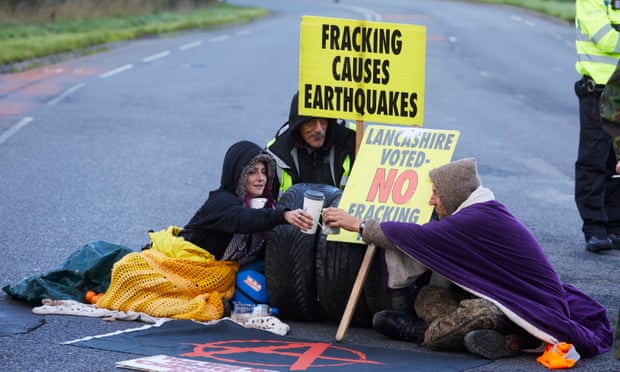 Protesters near Cuadrilla’s Preston New Road well site, Lancashire, as the firm began fracking in October 2018.