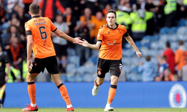 Dundee United’s Liam Smith celebrates scoring United’s first goal with team-mate Ross Graham.