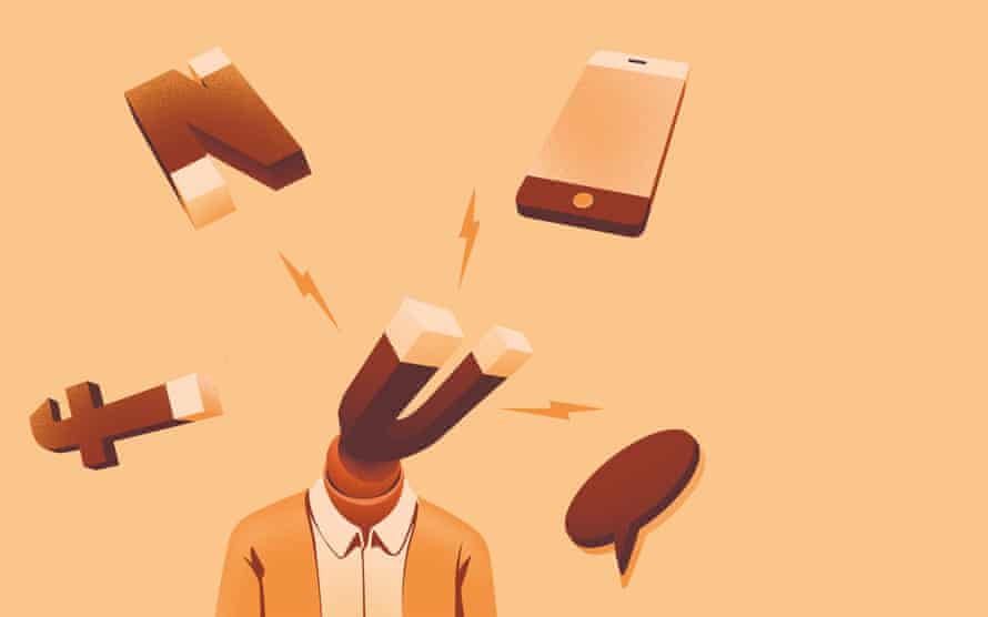 Illustration of a man with a magnet for a head pulling social media logos towards him