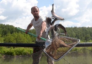 Tatarstan, Russia. Ruslan Namazov at the trout farm he runs with his father