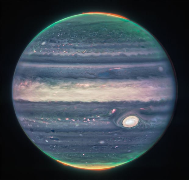 A new Jupiter photo from the James Webb Space Telescope is depicted in space with enhanced colour that showcases the planet’s features in detail.