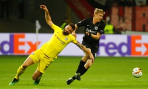 Olivier Giroud of Chelsea is in action with Martin Hinteregger of Eintracht Frankfurt.