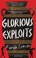 The book cover of Glorious Exploits with a dark Greek vase on a red background.