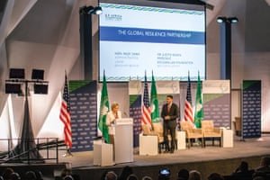The Rockefeller Foundation president Judith Rodin with USAid’s Rajiv Shah at a food security forum in 2014