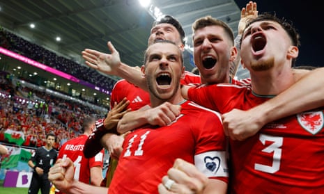 Gareth Bale celebrates scoring the equaliser for Wales against USA.