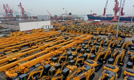 A vast car park of lorries and excavators for export at the port of Lianyungang in China’s Jiangsu province.
