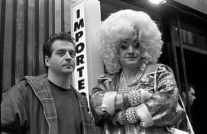 Comedians Mark Thomas and Paul O’Grady (in character as Lily Savage) in Soho in 1993