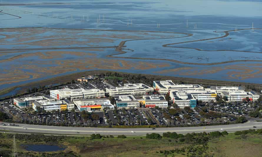 An aerial view of the Facebook campus on the edge of the San Francisco Bay. The land that the homeless encampments are on lies across the main road.