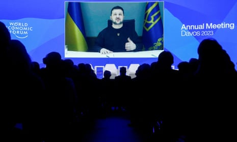 Ukraine’s president, Volodymyr Zelenskiy, addresses the World Economic Forum via video link in Davos