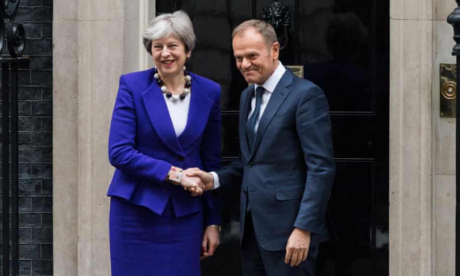 Theresa May shakes hands with the president of the European Council, Donald Tusk, at Downing Street on 1 March 2018.