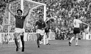 Paolo Rossi, left, celebrates after scoring the opening goal in Italy’s World Cup final victory over West Germany on 11 July 1982.