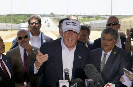Donald Trump gestures at a news conference near the U.S.- Mexico border outside of Laredo, Texas.