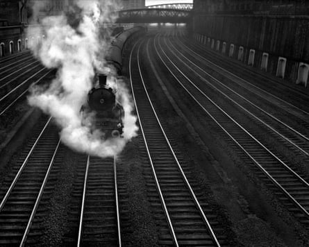 A shot of a steam train travelling down a track from Rail Magic, 1949.
