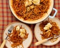 Meera Sodha's crispy one-pan spaghetti with gochujang and mozzarella.