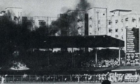 Fire spreads in a stand at the Brabourne Stadium in Mumbai, after crowd trouble erupted during the first Test against Australia in 1969.