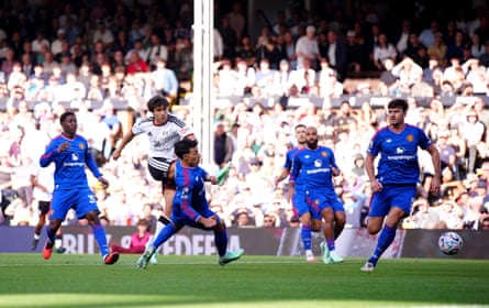 Fulham’s Gonzalo García (second left) attempts a shot on goal against Manchester United.