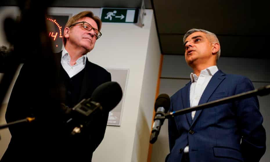 Sadiq Khan answer journalists questions with Guy Verhofstadt, after a meeting on February 18