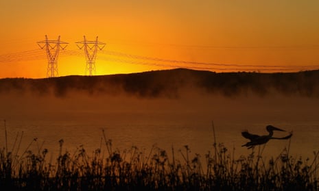 Power lines in early morning fog near the brown-coal-fuelled Hazelwood power station in Melbourne.