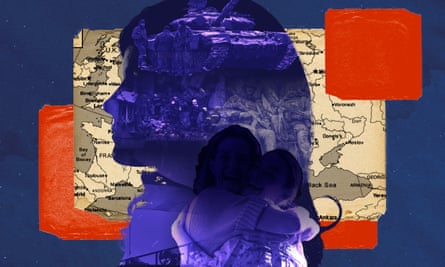 Illustrative graphic showing silhouette of a young woman’s face with a tank, soldiers and a mother and daughter embracing within