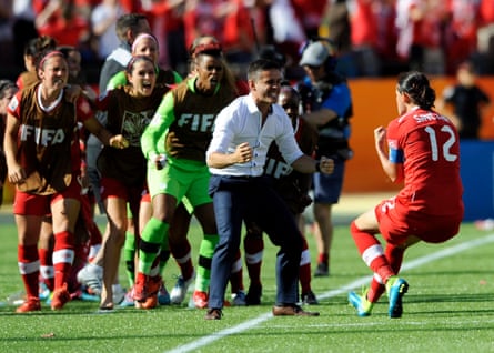Christine Sinclair (right) celebrates after scoring against China at the 2015 World Cup